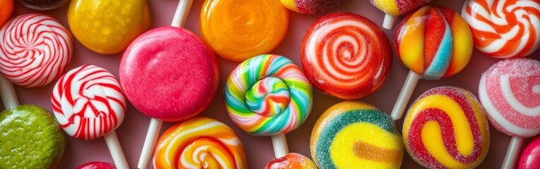 A vibrant collection of lollipops in various shapes and colors is displayed together. Each candy features unique patterns and designs that attract attention