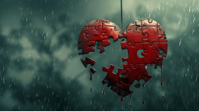 A red heart shaped like a puzzle hangs suspended, dripping in the rain, with several missing pieces. The image evokes a sense of emotional loss, solitude, and heartbreak in a rainy, melancholic