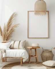 Two empty frames on a white wall. next to a potted pampas grass. with two wooden side tables