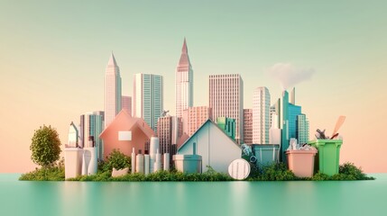 A cityscape with a lot of buildings and a lot of trash.