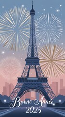Fireworks display over Eiffel Tower celebrating New Year's Eve 2025 in Paris with festive atmosphere and city lights