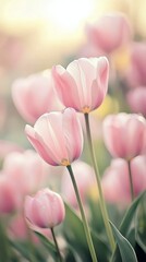Beautiful pink tulips blooming in a sunny garden during spring season