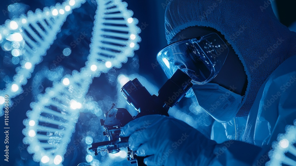 Poster Research and development concept scientist or researcher using microscopes in biotechnology lab overlay with DNA strands and molecules