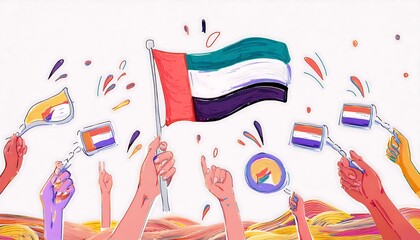 Naklejka premium UAE National day, National Day of United Arab Emirates. National Day Concept Design, flag of united Arab emirates in desert background, wave flag of UAE, flag day 