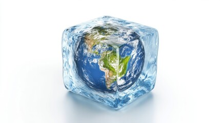 Planet earth freezing inside ice cube on white background: climate change concept