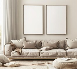 A light and airy living room with a cream-colored sofa. two empty frames. and a large window
