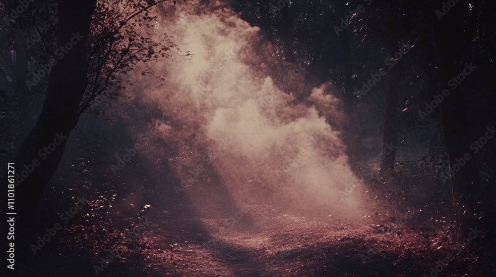 Poster A misty forest path illuminated by soft light, creating an ethereal atmosphere.