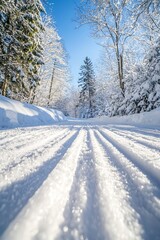 A snow-covered rural road flanked by bare trees on a clear winter day, a picture of winter beauty