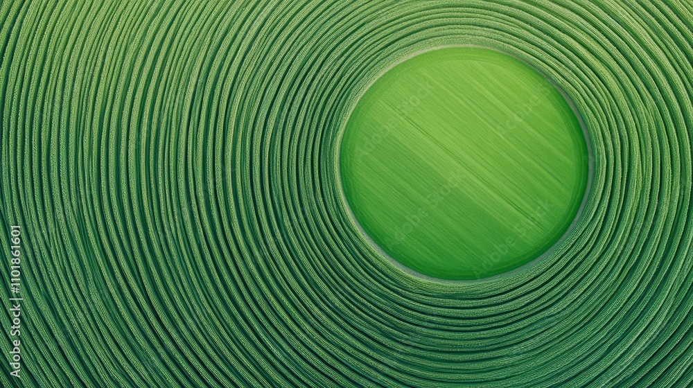 Poster aerial view of a circular field pattern, showcasing vibrant green crops arranged in concentric circl