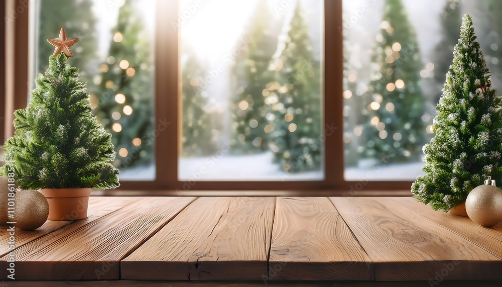 Aufkleber  A wooden table stands empty except for space for display items and a few Christmas trees in_1(752)