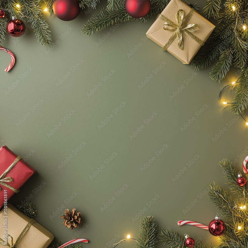 Aufkleber an elegant christmas garland with gift boxes and copy space on a green background. a greeting card d