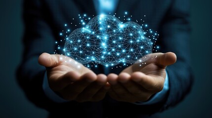 Businessman holding a digital cloud network.