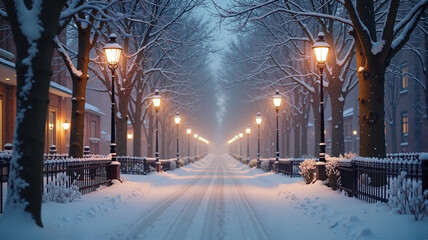 Snowy city street illuminated by glowing lanterns on a winter night