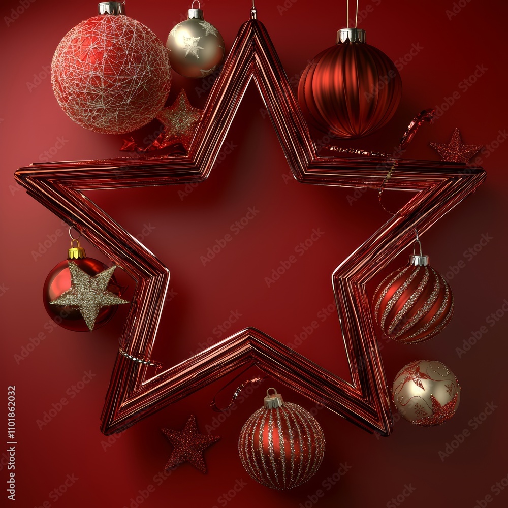 Aufkleber an empty red star shape surrounded by christmas decorations on a red background. an illustration of 
