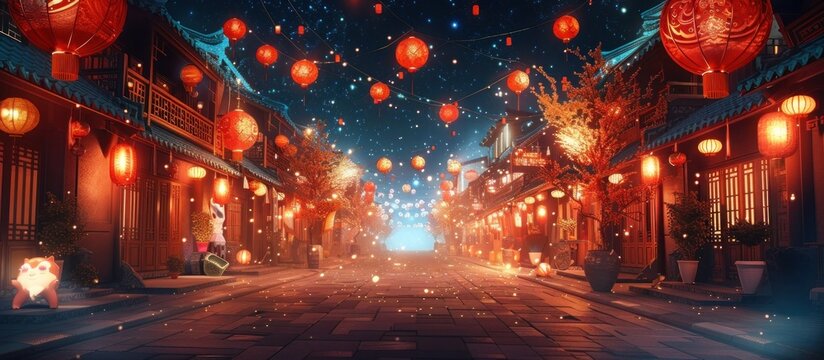 Enchanting Lunar New Year in a Charming Ancient Chinese Town with Rows of Glowing Red Lanterns and Vibrant Illumination Lining the Traditional Buildings and Winding Alleys