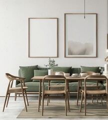 A minimalist living room interior with a green sofa. two chairs. and a round table with a plant on top Two empty frames are hung on the white wall