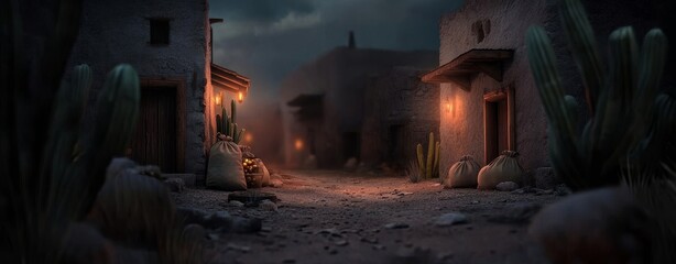 There is a dusty Wild West town with wooden buildings and cacti, reminiscent of the gold rush era, with carts and storefronts.