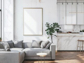 Modern living room interior with a grey sofa. a coffee table. a potted plant. and a kitchen counter in the background