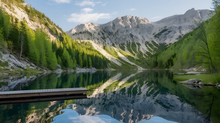 Fototapeta premium A beautiful lake with mountains and trees along its shore