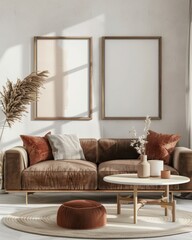 A minimalistic living room with a brown sofa. a wooden coffee table. and a large framed canvas Dried pampas grass stands in a woven basket in the corner
