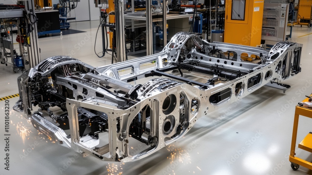 Poster automated welding robots precisely assemble car chassis in a high-tech factory, with sparks flying v