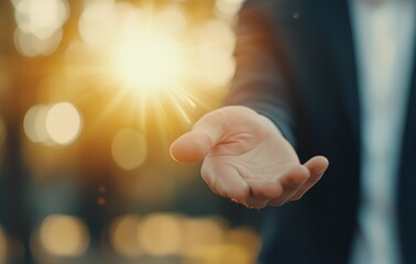 Businessman with a confident smile greeting the sunrise in an urban setting during golden hour