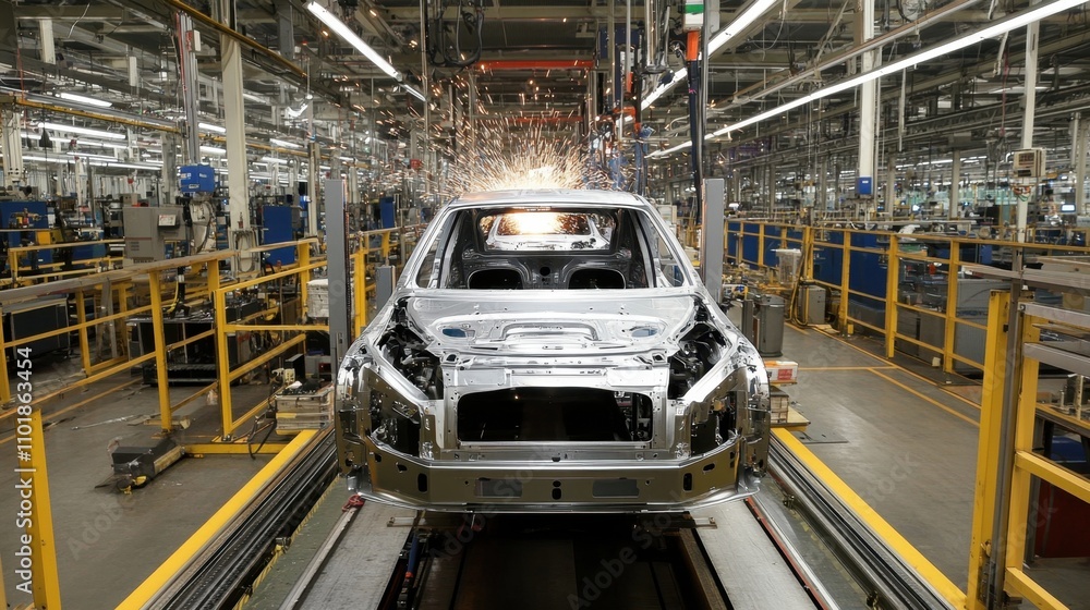 Poster automated welding robots precisely assemble car chassis in a high-tech factory, with sparks flying v