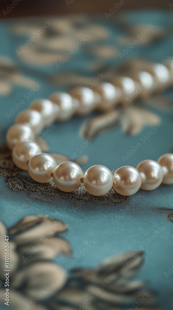 Poster elegant string of pearls displayed on soft fabric with glowing background lights