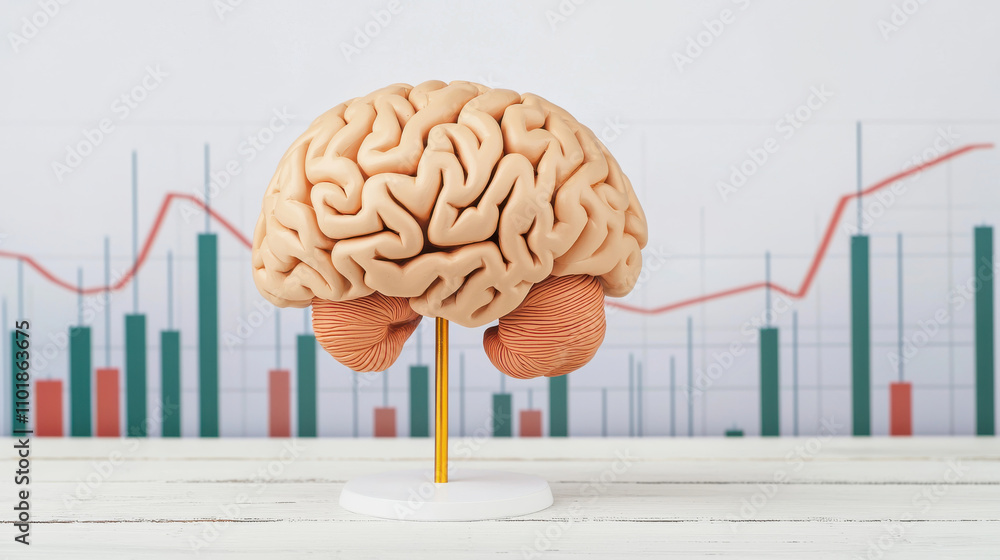 Poster detailed human brain model showcasing main parts, with background of graphs representing data trends