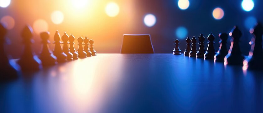 Chess pieces aligned on board with dramatic lighting effects.