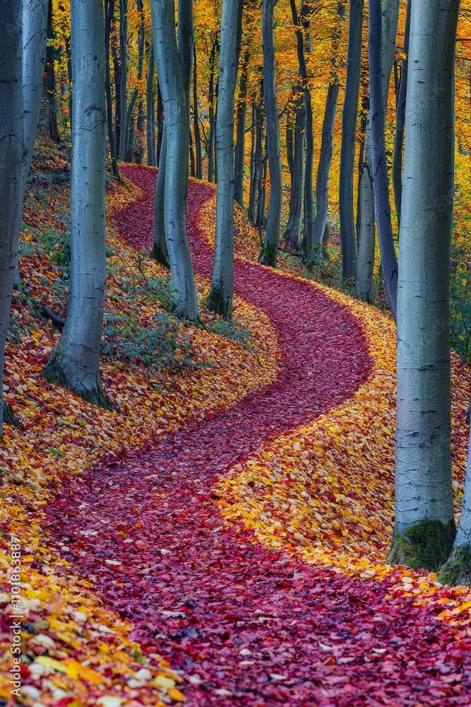 Poster a footpath in the scene autumn forest nature. autumn forest scenery. view of the mountain. red leave