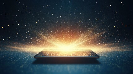 Bright glowing light and particles emanate from a tablet, symbolizing innovation and the excitement of creativity