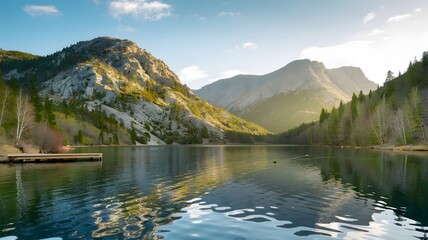 A serene lake surrounded by majestic mountains and lush trees lining the shore