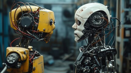 Fototapeta premium A yellow, industrial-style robot and a white, mechanical counterpart stand face-to-face in a dystopian environment. The exposed wires and gears evoke a gritty, futuristic atmosphere of survival and