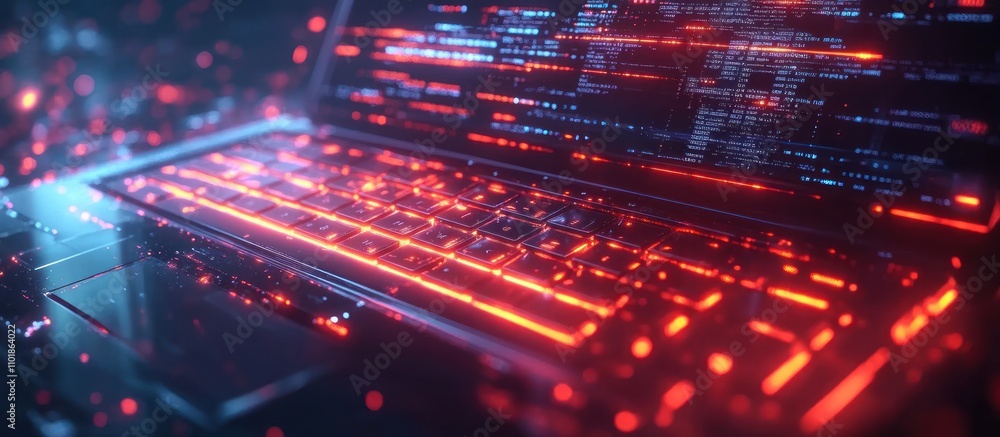 Poster closeup of a laptop keyboard with glowing red light and a blurred screen showing lines of code.