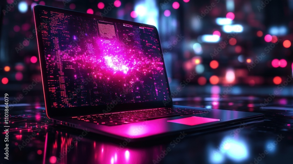Poster a laptop computer with a glowing screen displaying digital data.