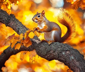 Fototapeta premium A cute picture of a fluffy red squirrel sitting on an oak tree with golden foliage in a park in autumn