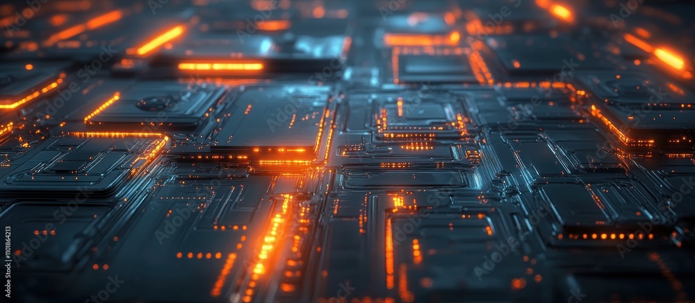 Poster abstract background with a futuristic concept of a dark circuit board with glowing orange lines.