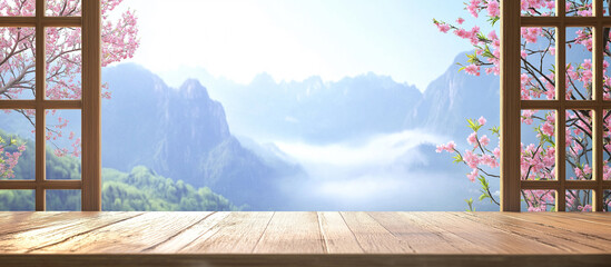 Chinese New Year & mid autumn festival Celebration : Oriental Window Frame, Peach Blossoms, Misty Mountains, Empty Display Table, Product Display