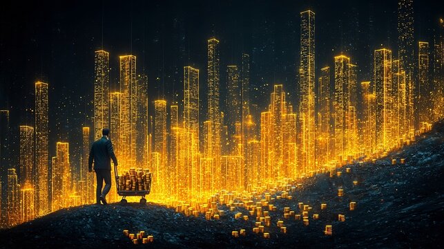 Businessman Pulling Cart of Gold Bars and Finance Reports Toward Glowing Digital Skyline