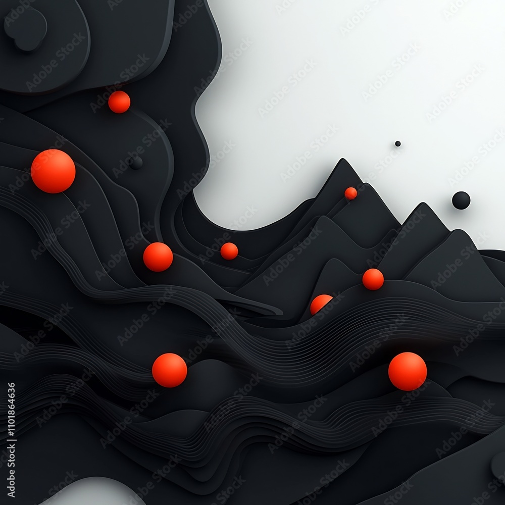 Poster surreal mountainous void with pulsing red orbs and flowing lines a captivating 3d digital painting o