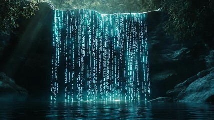 Seamless Looping Digital Waterfall with Glowing Matrix Effects - Powered by Adobe