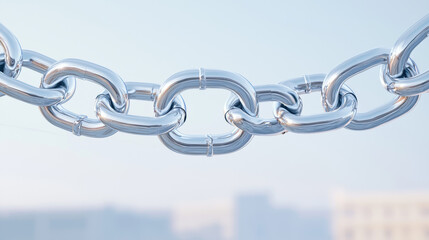 Naklejka premium close up view of shiny chrome chain against soft background, showcasing its smooth links and reflective surface. image conveys strength and connection