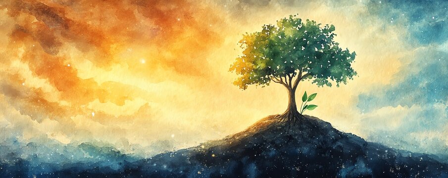 Watercolor depiction of a mustard seed sprouting into a small plant, with a majestic tree looming in the background, illustrating spiritual growth and transformation