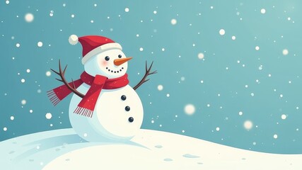 Fototapeta premium Snowman with red scarf and hat standing on snowy hill. Winter and festive mood concept