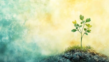 A delicate mustard seed sprouting into a tiny plant, set against a soft watercolor background of a large tree, representing growth and potential