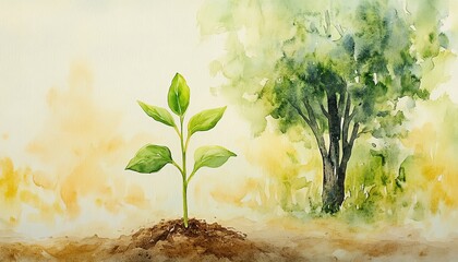 A delicate mustard seed sprouting into a tiny plant, set against a soft watercolor background of a large tree, representing growth and potential