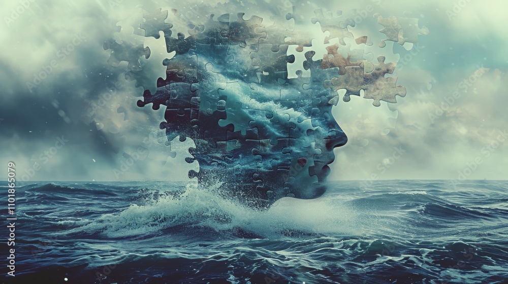 Poster surreal art of a human head composed of fragmented puzzle pieces floating in the middle of a stormy 
