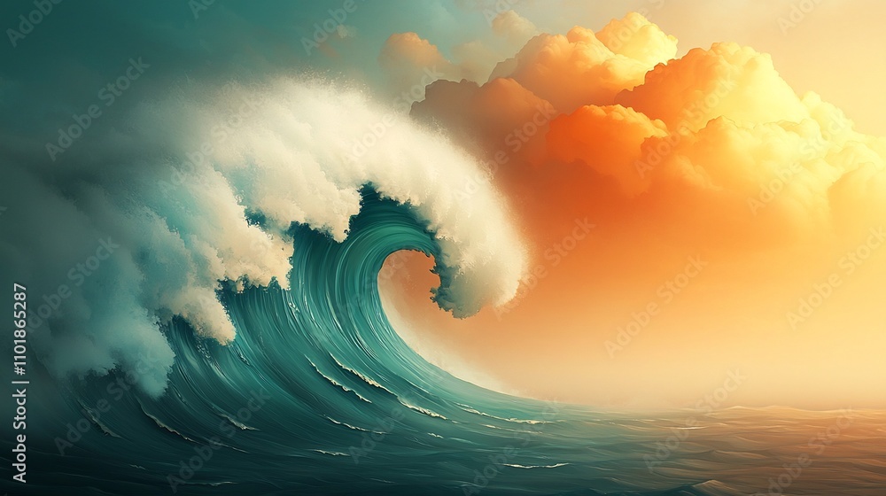 Poster powerful and dramatic crashing ocean wave with swirling water forms moody atmospheric lighting and d