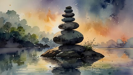 Tranquil Forest Oasis with Zen Stones and Reflections